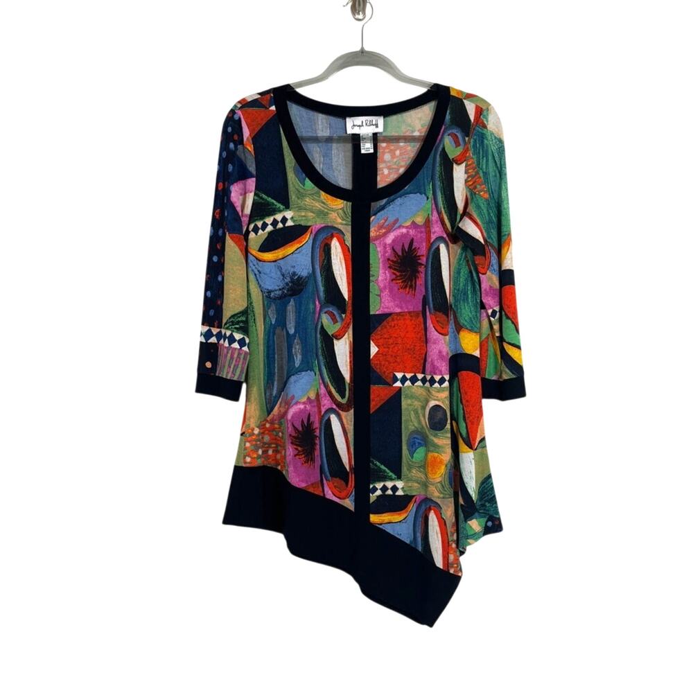Joseph Ribkoff Multicolor Asymmetric Abstract 3/4 Sleeve Tunic Top Size 8 Artsy